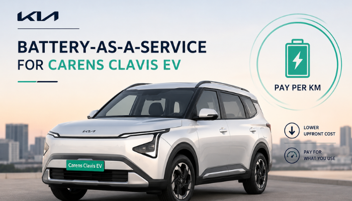 Kia Carens Clavis EV promotional image highlighting the new Battery-as-a-Service model with pay-per-kilometer battery plan.