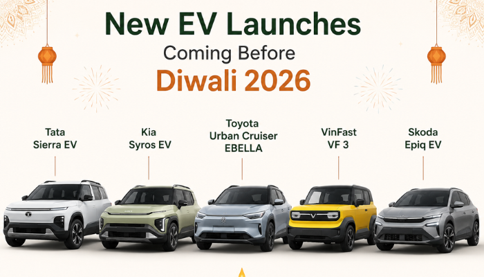 Upcoming EV launches before Diwali 2026 featuring Tata Sierra EV, Kia Syros EV, Toyota Urban Cruiser EBELLA, VinFast VF 3, and Skoda Epiq EV.