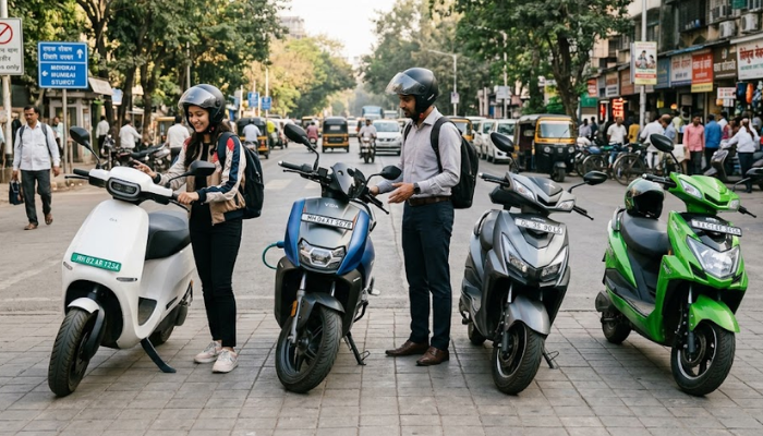 A dynamic street photograph in an Indian city shows four different electric scooters—a white Ola, a blue Hero Vida, a grey commuter, and a lime green scooter—parked on a paved sidewalk. Two people wearing helmets are interacting with the scooters. The background is bustling with rickshaws, pedestrians, and commercial shops.