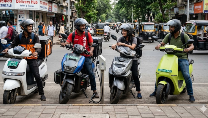A candid photograph capturing four delivery riders with their branded backpacks standing confidently next to their electric scooters—a TVS iQube, Hero Vida V1, Ampere Nexus, and Ola S1 X+—on a busy urban street in Mumbai, India.