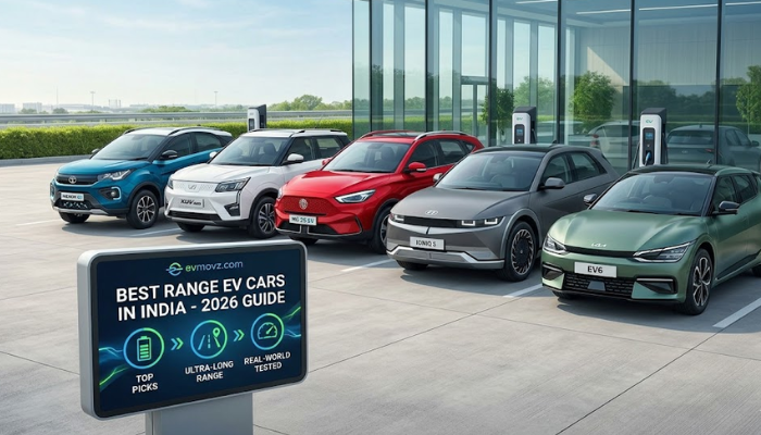 A dynamic lineup of five leading long-range electric cars, including the Tata Nexon EV and Kia EV6, parked at a high-speed charging station in India, next to a 2026 buyers' guide digital sign.