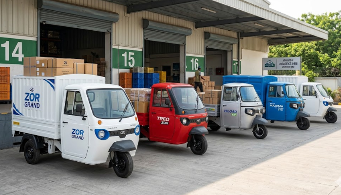 Mahindra Zor Grand, Treo Zor, and Euler HiLoad EV cargo loaders parked at an Indian logistics warehouse hub.