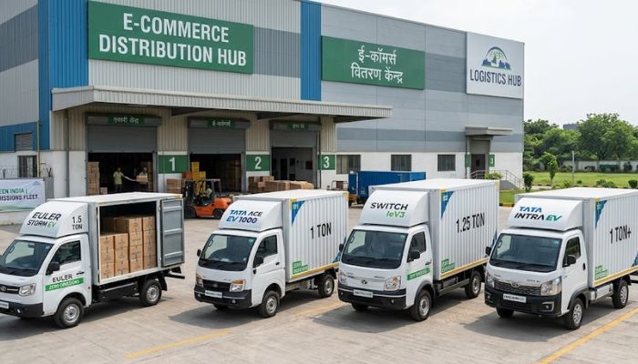 A lineup of heavy-duty 1-ton and 1.5-ton electric cargo trucks including Euler Storm EV and Tata Ace EV parked outside an e-commerce fulfillment sorting center.